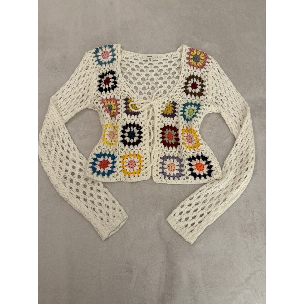Debut Cropped Crochet Cardigan Size XS Colorful White Fairy‎ Open Knit Festival